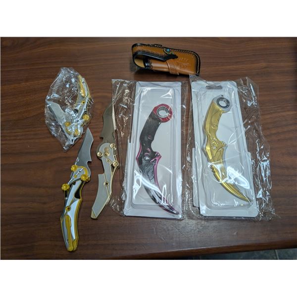 Lot of Plastic Model/Display Knives and Leather Sheath