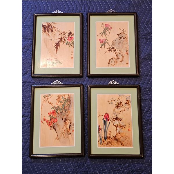 Set of (4) Chinese Wood Slice Paintings (4 Seasons) Framed.  11.5 x 15.5 "
