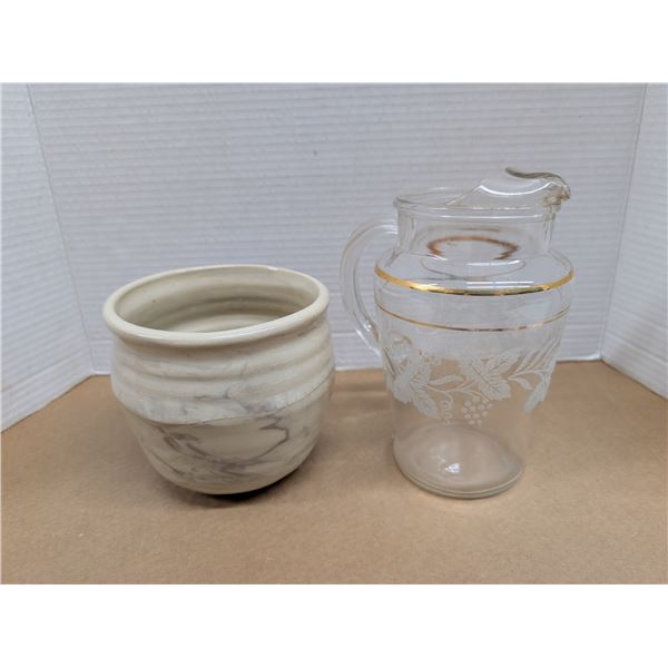 (1) Hand Made Ceramic Pot And (1) Glass Pitcher