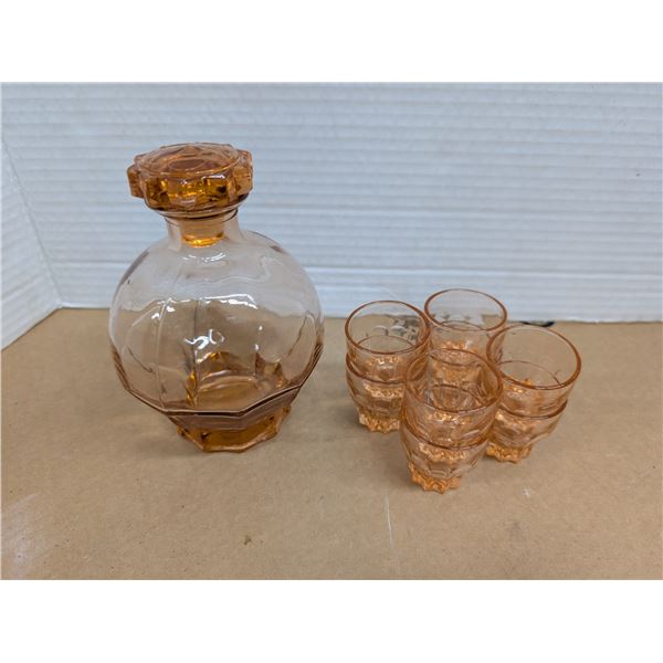 Vintage Pink Glass Liquor Bottle (Marked 6( and (8) Shot Glasses (Marked 4)