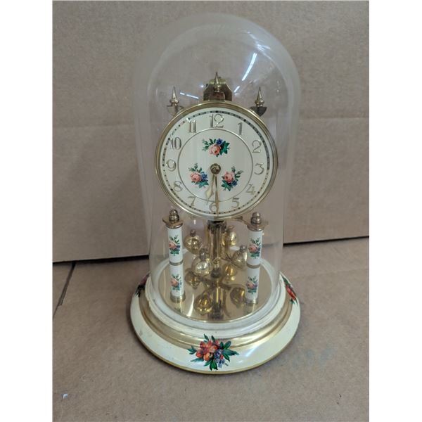 Vintage Glass Round Top Clock (Possible Brass) 11.5" (Floral Design and Spinning Bottom)