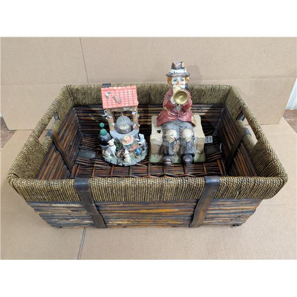 Older Wood Basket w/ Well Design Decor and Musical trumpet Clown (Needs Batteries)