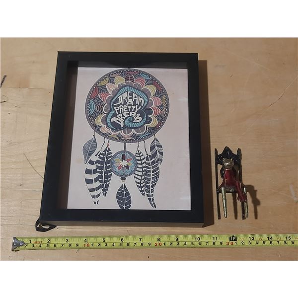 Dream a Pretty Dream Framed Canvas Wall Art and Vintage Brass Figurine of a Frog Sitting on a Chair.