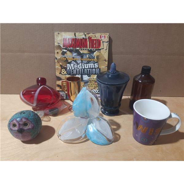 Murano style Hummingbird  feeder &  blue white flower Owl Candle & Mis (Blue/White Flower Has Chips)