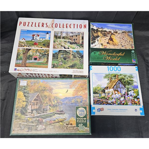 (3) 1000 Piece Jigsaw Puzzles, (1) Box of 4 Deluxe 1000 Piece Jigsaw Puzzles