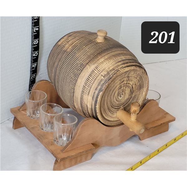 Vintage ceramic whiskey keg with wood stand & shot glasses. 1 missing.