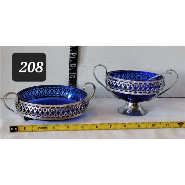 Cobalt blue glass & silver plate vintage dishes.
