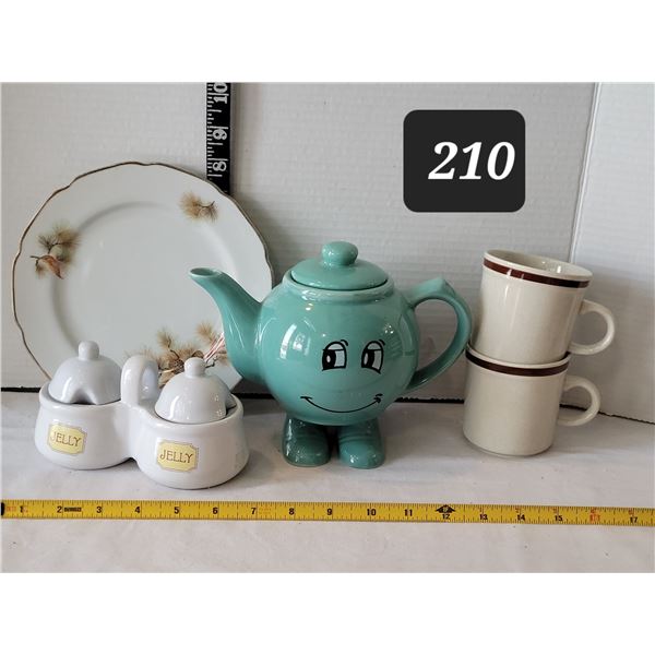 1980's smiley face tea pot, jelly pots, Northland Gres stoneware mugs (Japan)& pine tree china plate