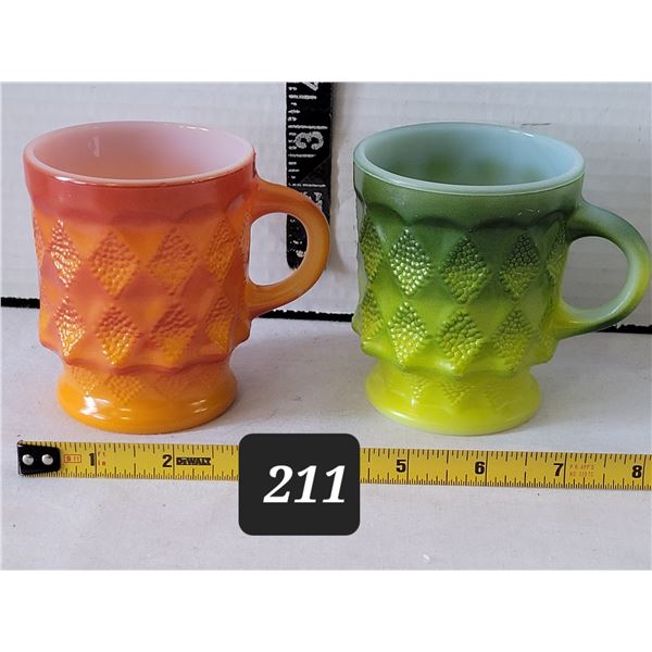 Vtg. Fire King “kimberly diamond” avocado & orange milk glass mugs.