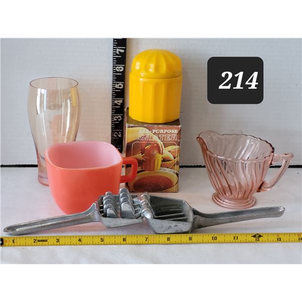 Pink depression glass creamer, peach tumbler, orange glassbake Lipton's soup cup, boxed grater & 196