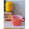 Image 2 : Pink depression glass creamer, peach tumbler, orange glassbake Lipton's soup cup, boxed grater & 196