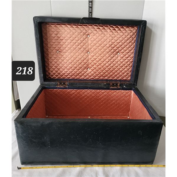 Early century hand made storage box. Quilted inside & vinyl covered.