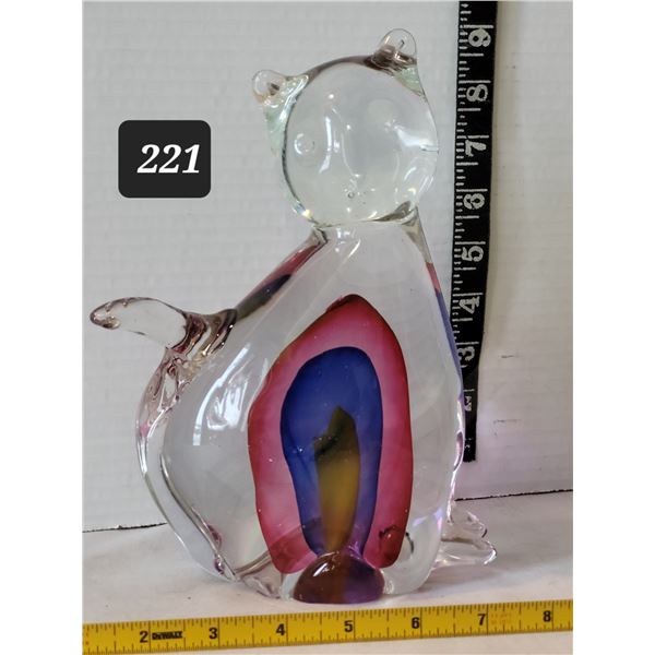 Hand blown, Murano style heavy art glass cat.