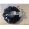 Image 3 : Hand blown art glass pumpkin. Deep blue color with green glitter accents.