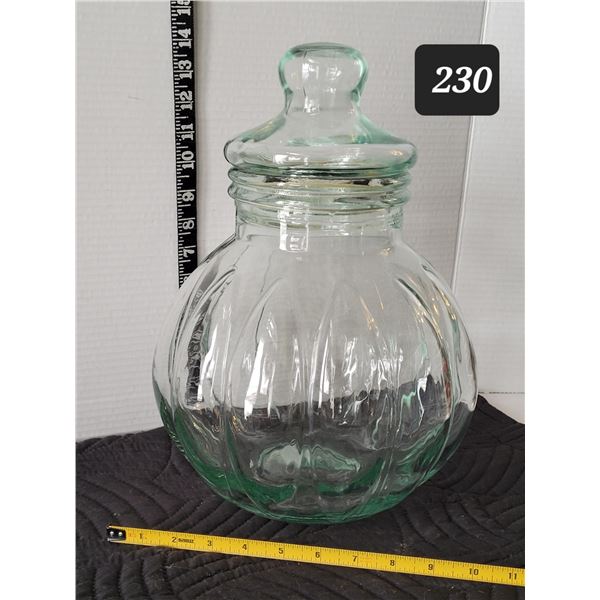 Vtg. Lg. 14” green tint glass pumpkin shaped apothecary jar with lid.