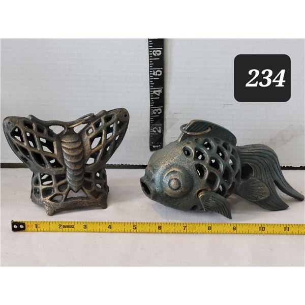 Cast iron fish & butterfly candle lamps.