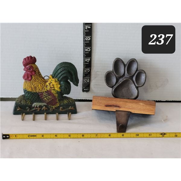 Cast iron rooster key rack & dog paw leash/ stocking shelf sitter.