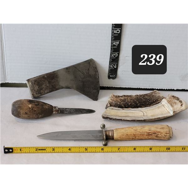 Vintage tools, includes Bone handle knife & Norluna axe head.
