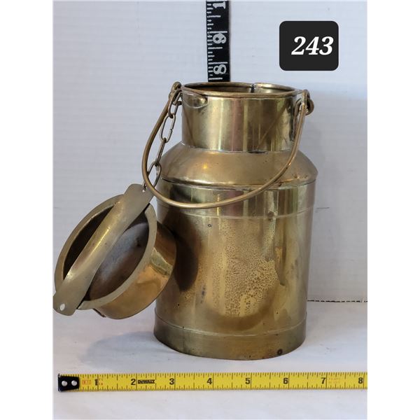 Brass milk can coin bank with attached lid.