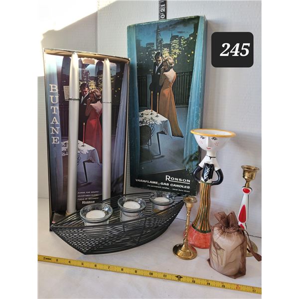 Vintage Ronson varaflame gas candles, brass candle sticks & boat style votive holder.