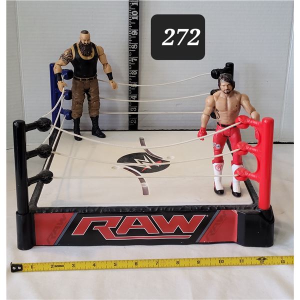 Mattel WWE Raw Ring playset with action figures 2015 Braun Strowman & 2017 AJ Styles.