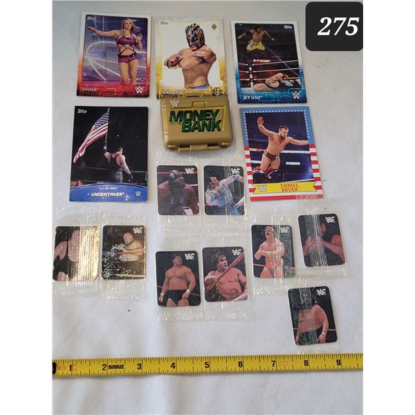 WWE wrestler cars & accessory case. Vtg. Titan sports Hostess Munchies Wrestlemania cards.