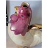 Image 3 : 1950's ceramic rooster decanter & 6 matching small cups. Iridescent pearl purple glaze with gold acc