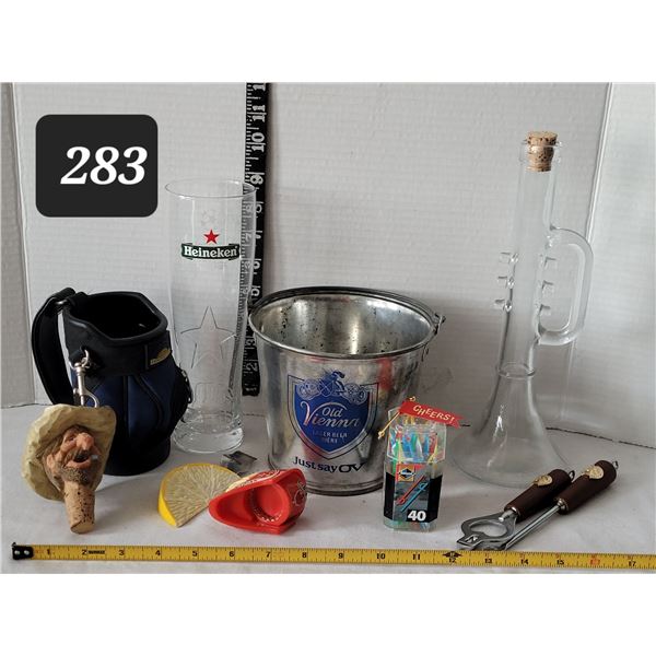 Bar related collection. Trumpet bottle, Heineken glass, cowboy cork, beer bucket & accessories.