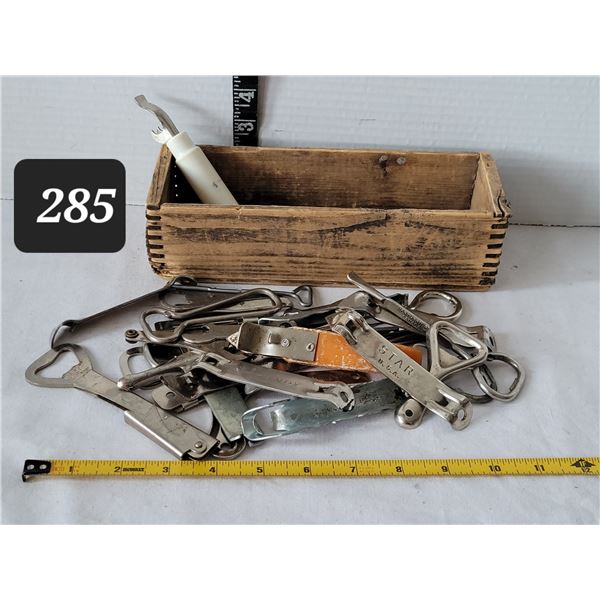 Old dove tail wood box with bottle & can openers.