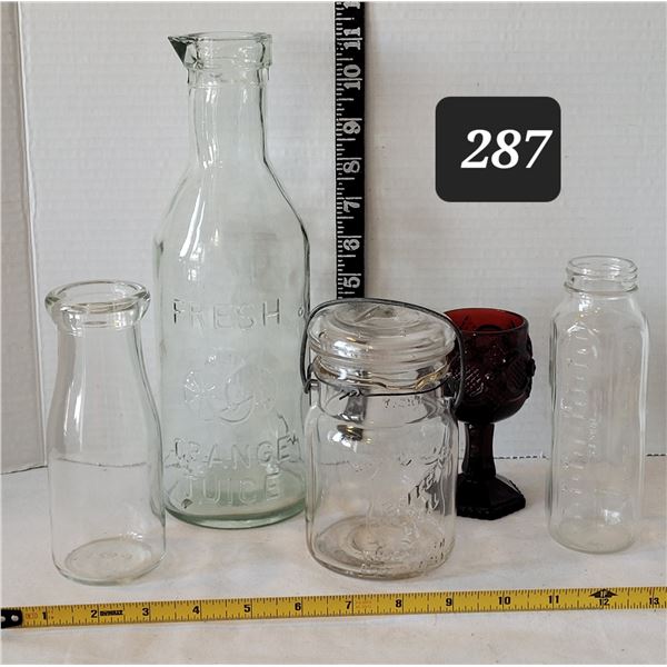 Vintage bottles & jars. 1920's Dominion canning jar, wire lid, wide mouth. Embossed juice pouring bo