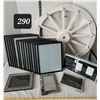 Image 1 : Assorted picture frames & wagon wheel with clips for photos.