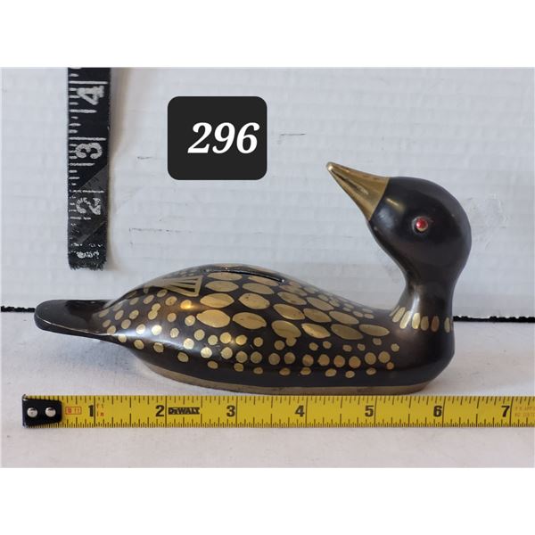 Vtg. Brass loon coin bank. Hand painted Black enamel on brass.