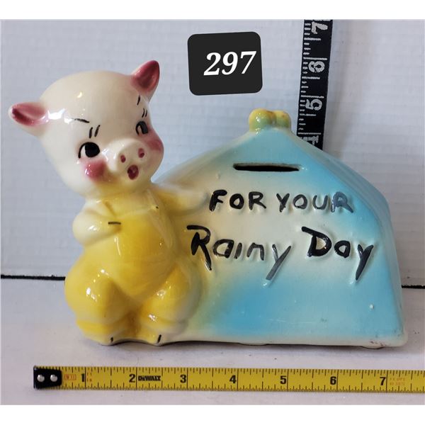 Mid century ceramic Pig Rainy Day coin bank. USA