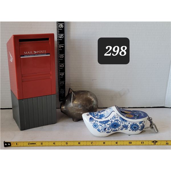 Coin Banks. Silver plated piggy, Canada post box & Holland hand painted shoe.(lock & key)