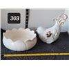 Image 1 : Warm white Crackled ceramic bird & vtg. Scalloped bowl.