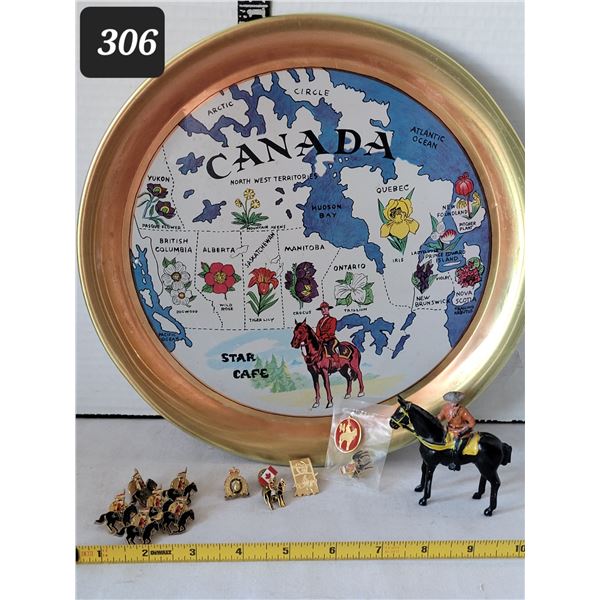 Vtg. Steel calvaryman (England) RCMP pins & tray.