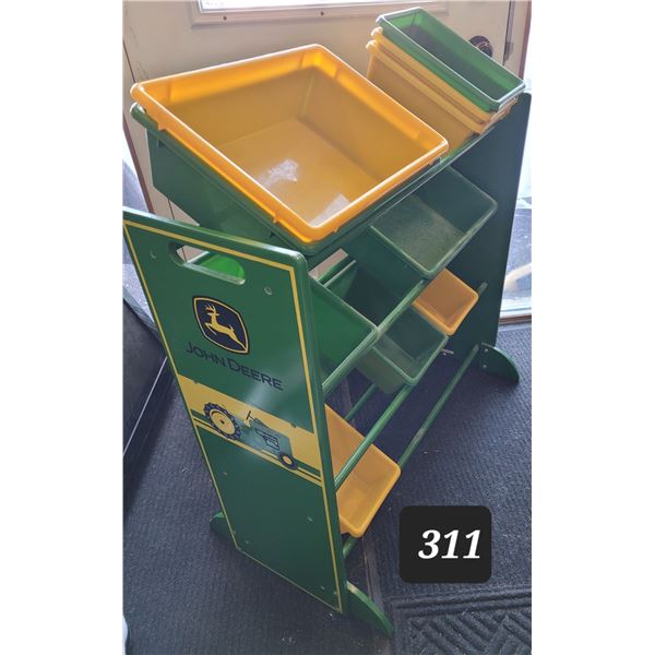 John Deere KidKraft toy shelf. 4 shelves, 3 lg. & 7 small buckets.