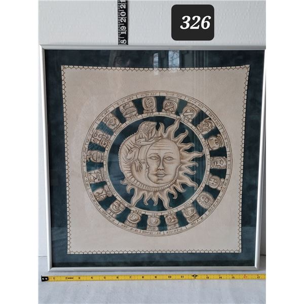 Framed Mayan ancient astrology calendar. Hand painted sun & moon design on suade leather.