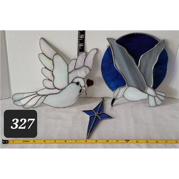 Stained glass iridescent Dove, sea gull & star.