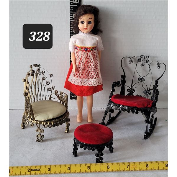 Vintage doll made by “Reliable”. Hand made tin can furniture.