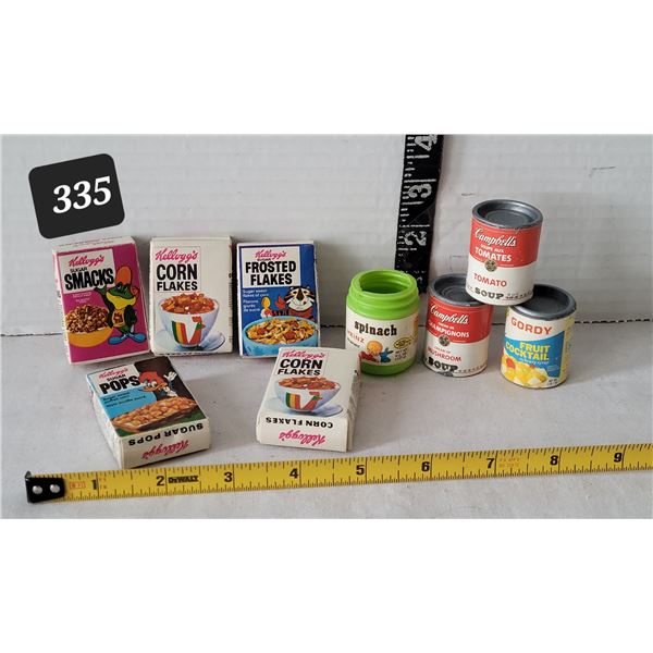 Vtg. Small miniature cereal boxes & canned goods