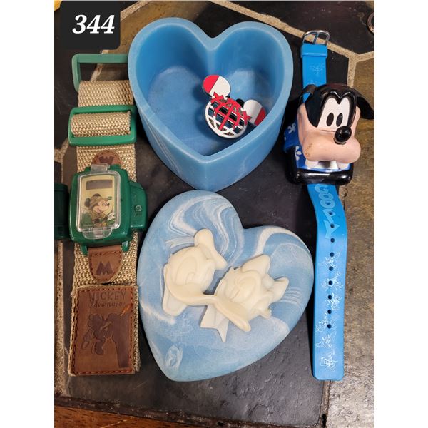 Disney trinket box. Mickey Mouse & 1981 Goofy digital watches.