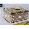 Image 2 : Heavy metal ornate trinket box. Enamel inside with time piece on top.