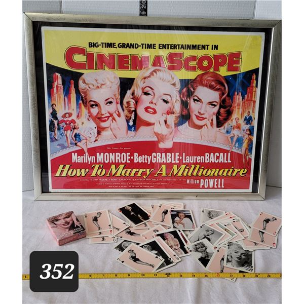 Framed 1998 Marilyn Monroe Cinema scope movie poster & playing cards.