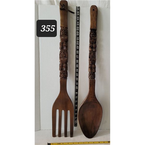 1970's wood fork & spoon wall decor. Made in Philippines, 28”