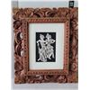 Image 2 : Bali dancers ink drawing in hand carved teakwood frame. Carved dark wood OM wall decor.