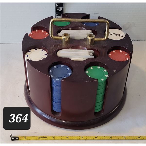 Poker chip carousel with 2 decks of Pilsner Brewhouse  playing cards.