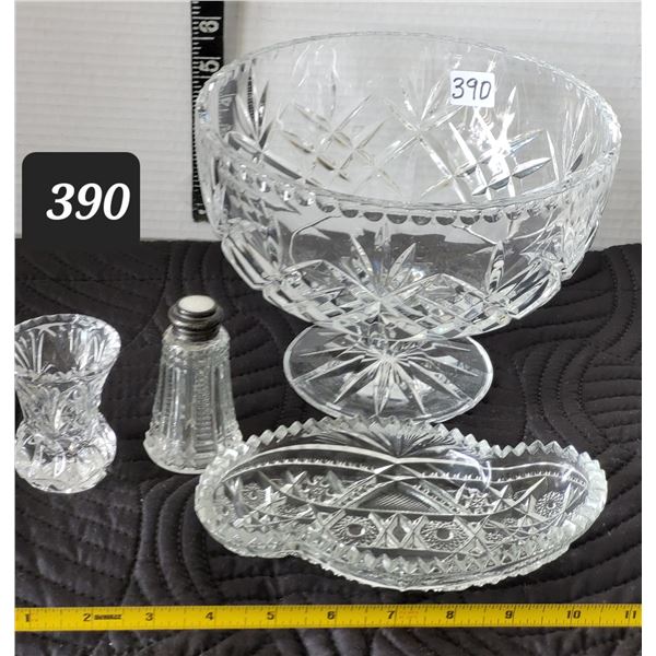 Large lead crystal stemmed bowl. Pickle dish, shaker & bud vase.