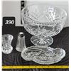 Image 1 : Large lead crystal stemmed bowl. Pickle dish, shaker & bud vase.
