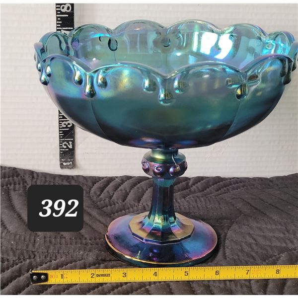 Mid century iridescent blue carnival glass stemmed bowl.